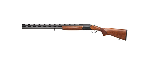 Classic vertical double-barreled hunting rifle isolate on a white back. Smoothbore weapon with a wooden butt for hunting, sports and self-defense.