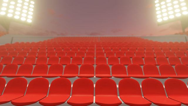 3D Rendering Of Large Soccer Stadium During Twilight With Pack Of Crowd And Green Smooth Grass Field. Empty Seat. Restart Season. Lockdown Sport. Coming Soon, Cancelled, Restart Season, Empty Red Seat