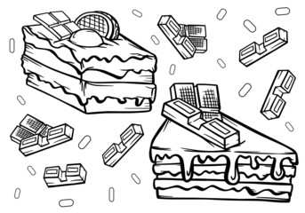 set of chocolate cakes with cream sweets desserts confectionery delicacy graphics outline sketch doodle vector illustration print