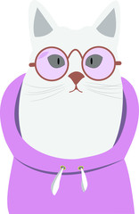 A white cat with pink glasses and a hoodie