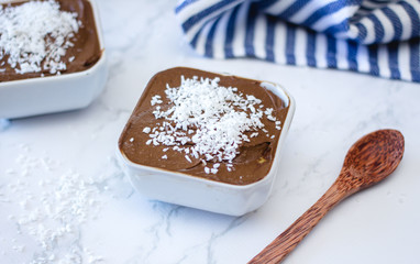 Chocolate mousse in a white bowl