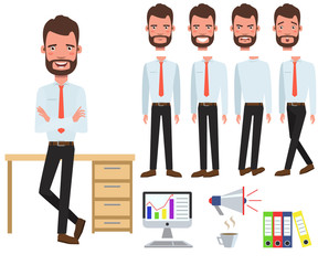 Male office manager at desk character set with different poses, emotions, gestures. Part of body, computer, megaphone, coffee. Can be used for topics like businessman, white-collar worker, employee