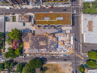 Overhead view of Crane on Downtown Construction Site