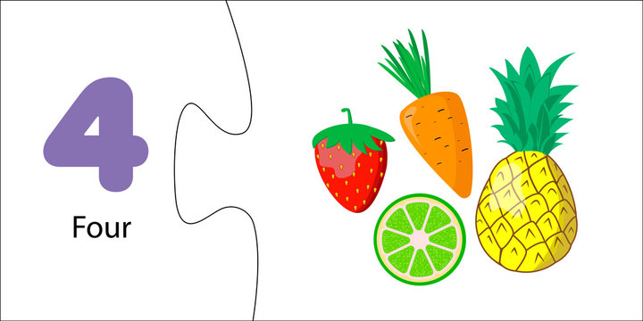 Number four, 4. score, learning numbers through fruits and vegetables. Elementary mathematics for children. game is puzzle. Carrots, Kiwi, Strawberries, Lime
