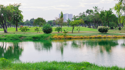golf course with lush grass and the reflection of the trees in the pool makes it a beautiful view to play sports