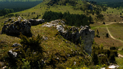 View of the Sokolich Mountains Reserve and rock stones in Olsztyn. A free space for an inscription
