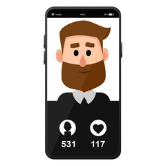 Man on a social network. Smartphone with an account on a social network. Vector illustration. Vector template with a smartphone.