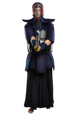 male in tradition kendo armor with shinai (bamboo sword). shot in studio. Isolated with clipping...