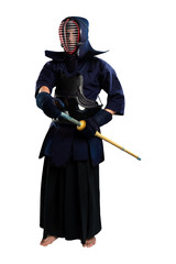 Fototapeta premium male in tradition kendo armor with shinai (bamboo sword). shot in studio. Isolated with clipping path on white background