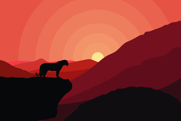 Tiger on sunset vector illustration landscape, silhouette