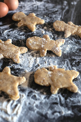 Person baking Gingerbread man cookies, Person hands in dough with flower in cozy kitchen