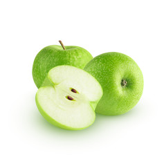 The cut green apples isolated on white background with clipping path. Three fruits.