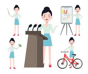 Female conference speaker character set with different poses, emotions, gestures. Cycling, presentation, teacher, earning money. Can be used for design, animation