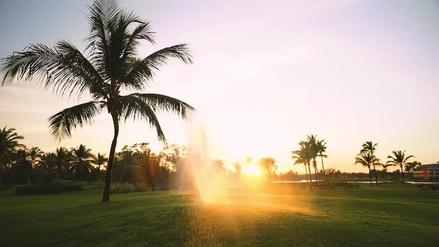 Golf course sprinkler on fairway during golden sunset