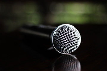 Close up Microphone voice speaker on dark background. radio microphones. wireless sound transmission system. soft focus mics Close-up.