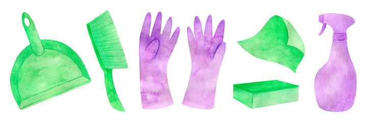 A watercolor illustration a set of items for spring cleaning. Mix of green and purple elements on a white background.