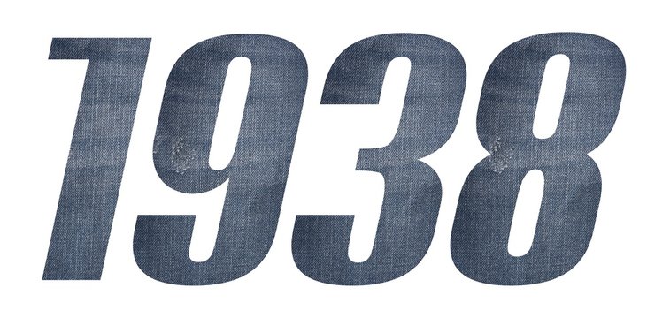 1938 with jeans fabric texture on white background.