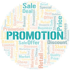 Promotion word cloud collage made with text only.