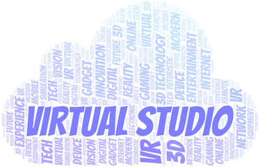 Virtual Studio word cloud collage made with text only.