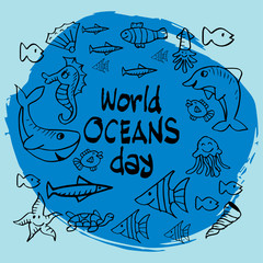 World ocean day hand drawn lettering and underwater animals.
