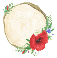 Wooden sign with floral arrangements of red poppies and wildflowers, watercolor painting