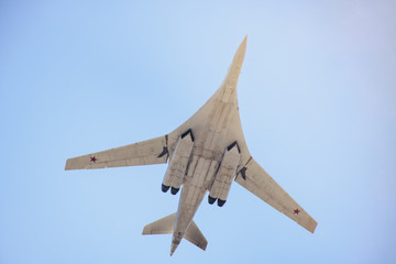 Russian aircraft Tu-160 (White Swan) for strategic bombing in the air against a clear sky