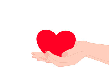 Two hands holding a red heart on a white background. Holiday, Encourage, love, help, charity, donate, health concept. Illustration vector.