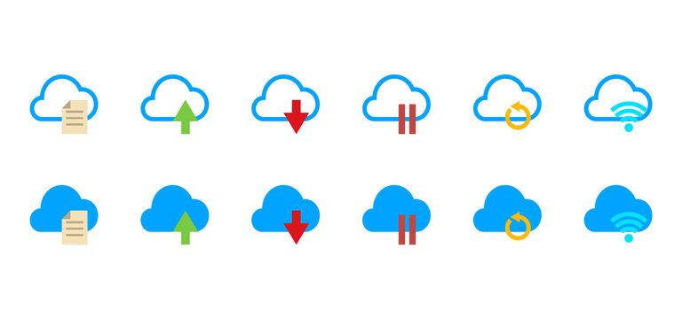 Icon set of cloud technology action, document upload,upload and dwonload speed , pause sync, cloud refresh, cloud refresh sync