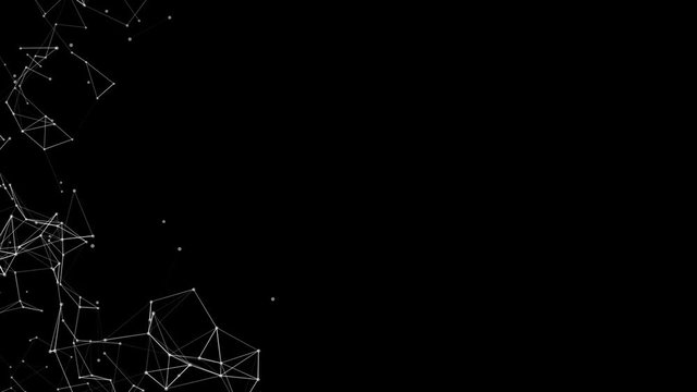 Graphics of movement of elements particles of white color connected to each other on a black background