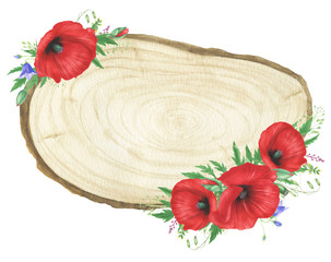 Wooden sign with floral arrangements of red poppies and wildflowers, watercolor painting