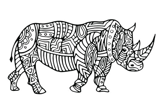 The coloring page with the rhinoceros. Hand drawing coloring book for children and adults. Beautiful drawings with patterns and small details. One of a series of painted pictures. Logo. Tattoo