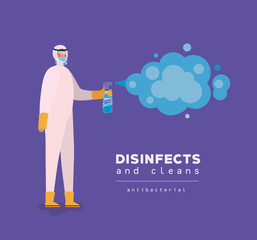 Man spraying with protective suit gloves and bottle vector design