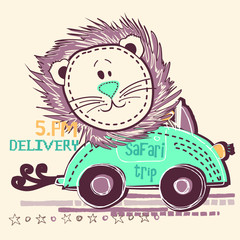 Cartoon little lion in the safari car vector character illustration