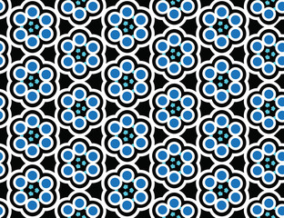Seamless geometric pattern, texture or background vector in blue, black, white colors.