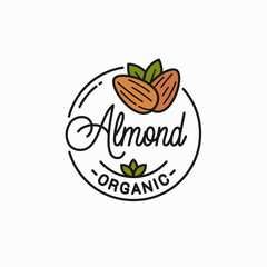 Almond nut logo. Round linear of almonds on white