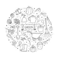 Garden tool. Separate elements for gardening. Garden elements - Doodle style. Vector isolated illustration with a shovel, bucket, gloves, rake, plant, cart, scissors, vegetables on a white background.
