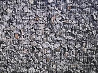 Gabion, metal basket filled with thick stones