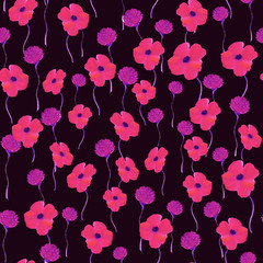 Hand drawn bouquet of poppies and clover. Floral seamless pattern.