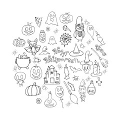 Happy Halloween.Set with elements for Halloween.  Doodle style.  Printing on posters. Autumn set for Halloween. Bat, Potion, pumpkins, dolls, balloon, candles, spider web, broom on a white background.