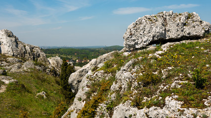 View of the Sokolich Mountains Reserve and rock stones in Olsztyn. A free space for an inscription