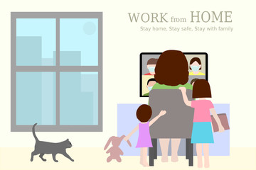Work from home. Woman is sitting back working with computer on desk with children playing around. Video conference with colleagues who wearing protective mask. Family together with cat on the floor. 