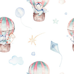 Ensemble aquarelle bébé dessin animé mignon pilote aviation arrière-plan illustration de transport de ciel fantaisie avec ballons d& 39 avions, nuages. modèle garçon enfantin. C& 39 est une illustration de douche de bébé