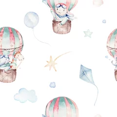 Crédence de cuisine en verre imprimé Animaux avec ballon Ensemble aquarelle bébé dessin animé mignon pilote aviation arrière-plan illustration de transport de ciel fantaisie avec ballons d& 39 avions, nuages. modèle garçon enfantin. C& 39 est une illustration de douche de bébé