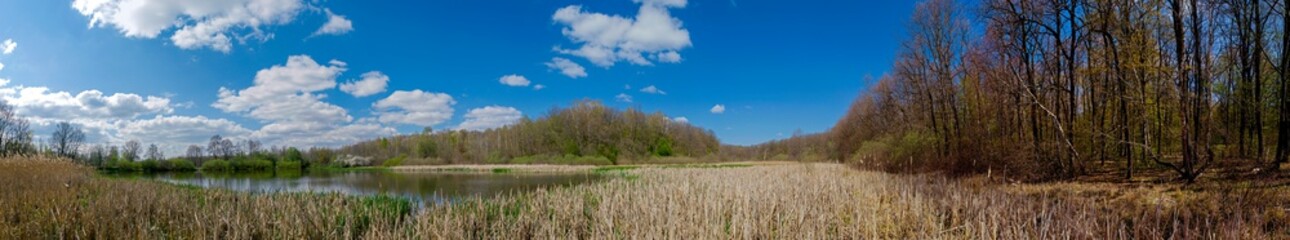 Panoramic landscape from the lake shore with colorful clouds in the spring sun.