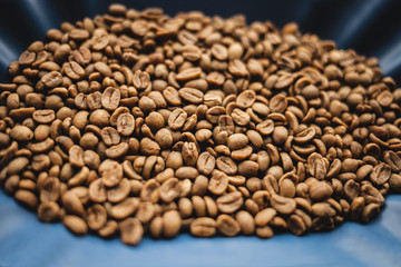 Light roast, white coffee in a blue box. coffee beans. Close-up