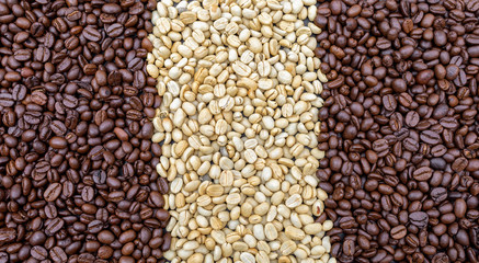 cup of coffee and bean on black wooden table background. top view