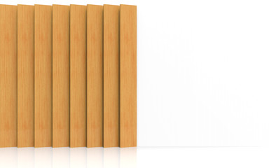 3d rendering. modern long vertical brown wood panel plate decorating on white wall design background.