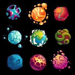 Fantasy space planets for ui galaxy game. Vector cartoon icons set of magic alien world and Earth, fantastic cosmic objects with bubbles, craters, holes and spiral. Fantastic astronomy collection