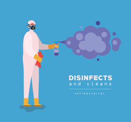 Man spraying with protective suit gloves and bottle vector design