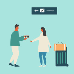Man carries coffee to woman, waiting at the airport before departure. Flat vector illustration